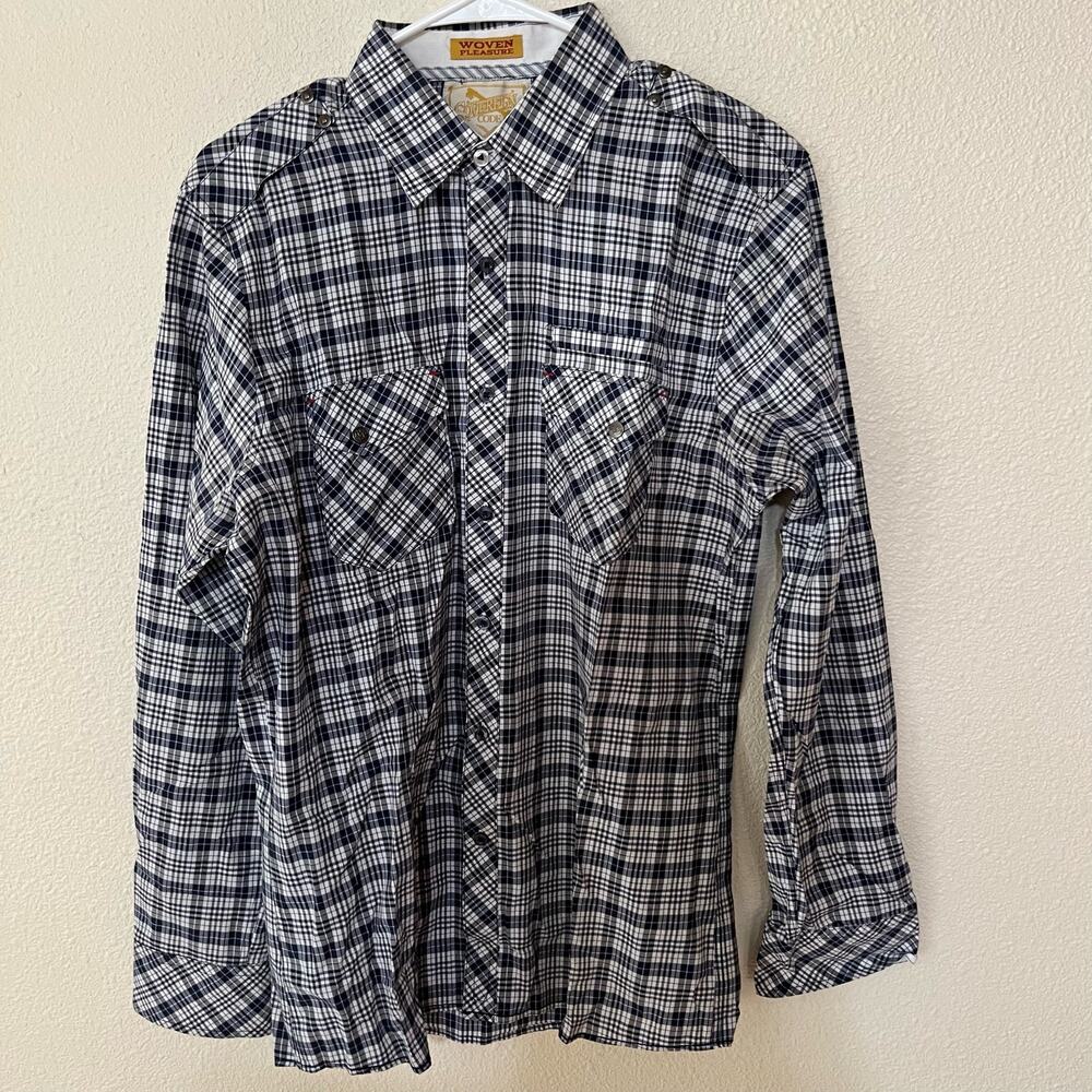 Sovereign Code Jackson blue plaid button up long sleeve western shirt Medium